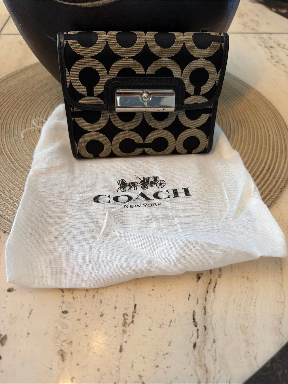 COACH Kristen Black and Khaki Op Art Jacquard Tri-Fold Wallet w/Dustbag